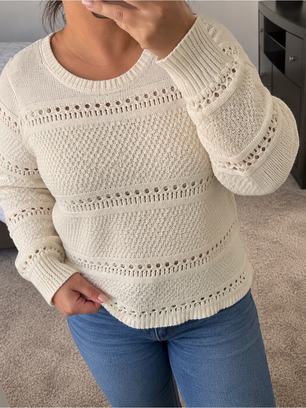 Lucky Brand Women's Cream Textured Crew Neck Sweater